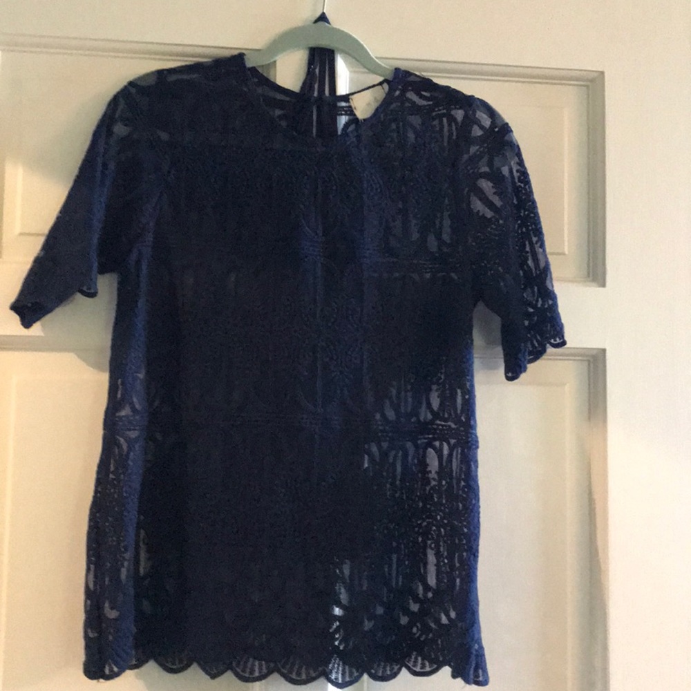 Navy lace shirt with navy cami insert.